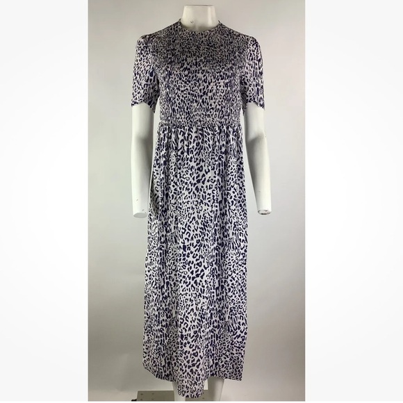Baum Und Pferdgarten Sz 6 US Smocked Midi Animal Print Dress Blue White Silk - Picture 1 of 8